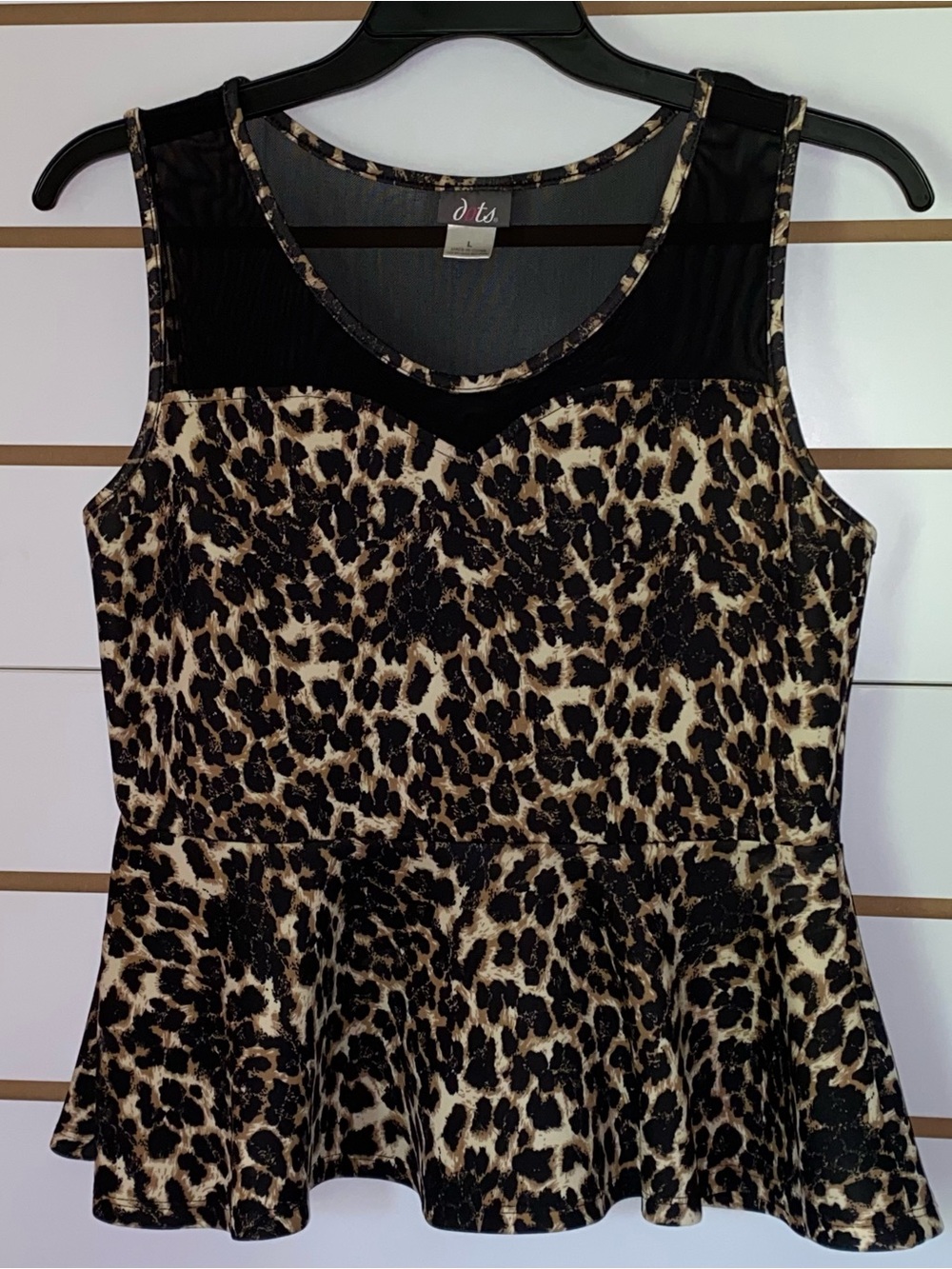 Dot’s Y2K Women’s Animal Print Fit and Flare Top Sheer Black Mesh Neckline Sz L